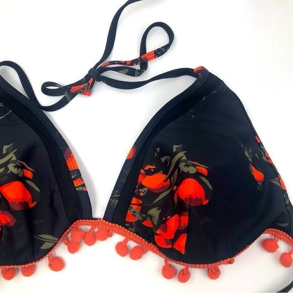 Cocoship Black Red Floral PomPom Trim High Waisted String Bikini - Picture 8 of 15